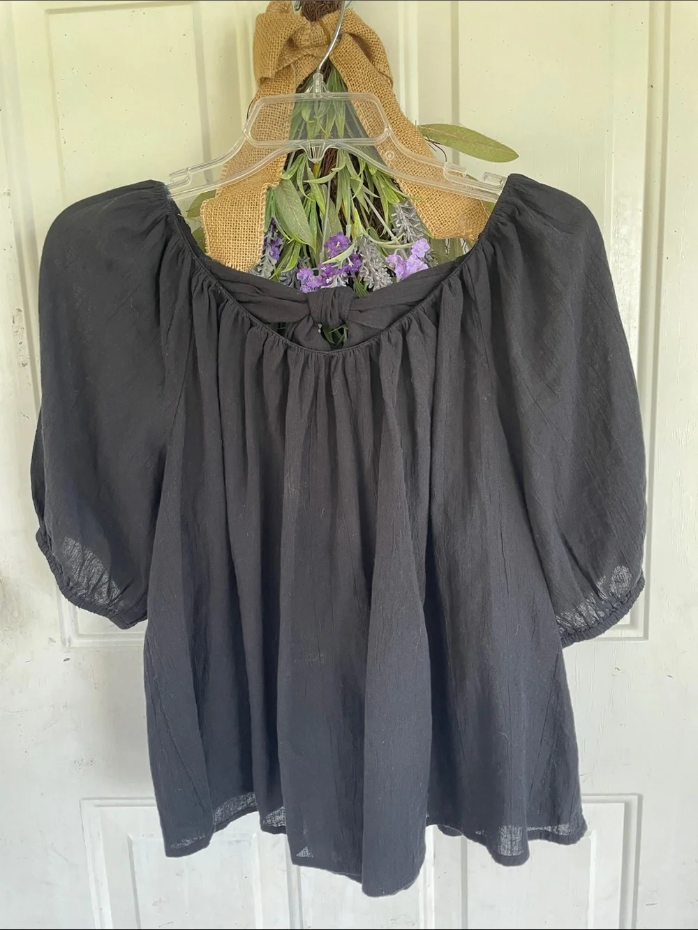Old Navy Black Gathered Peasant Top with Puff Sleeves